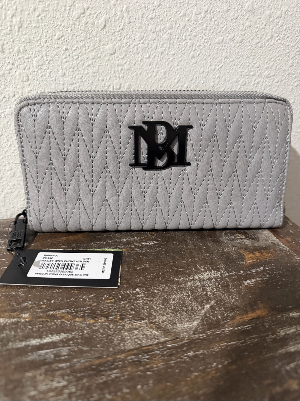 Badgley Mischka Grey Quilted Zip-Around Wallet With Phone Pocket Black Logo NWT